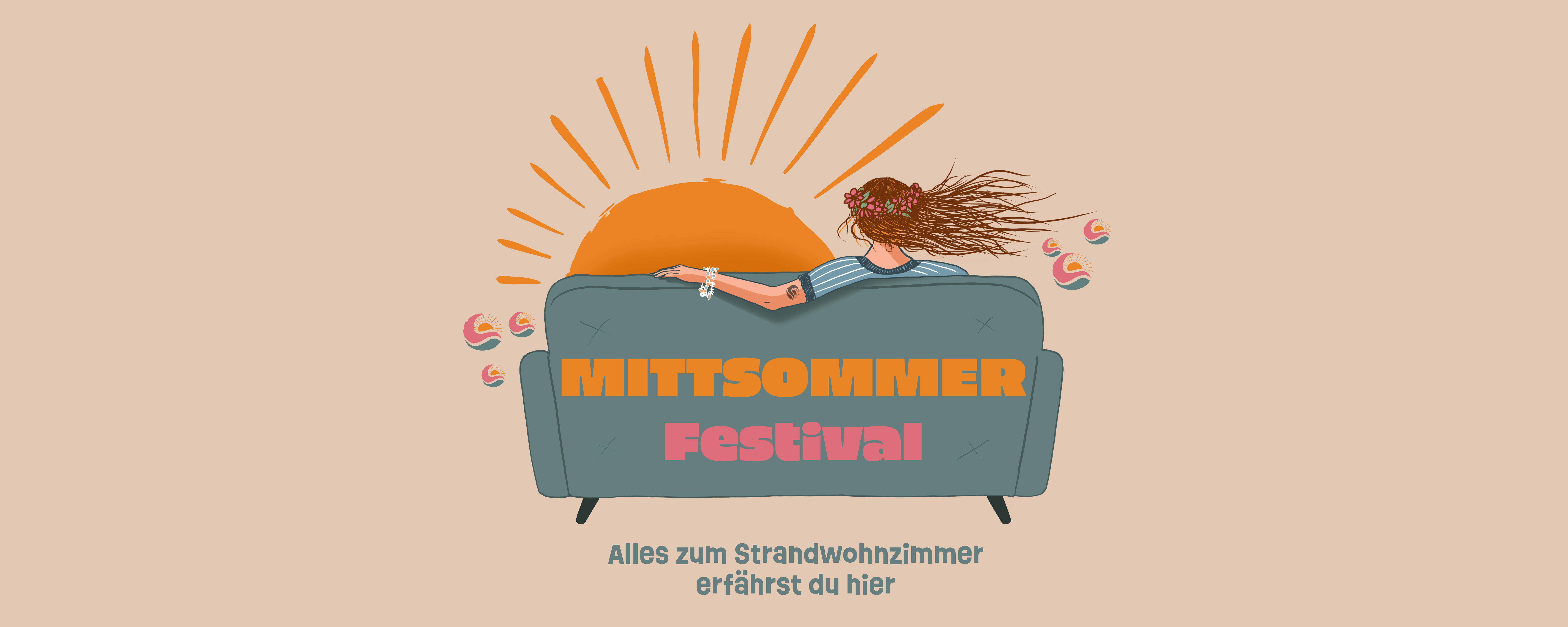Mittsommer Strandwohnzimmer Grafik: grünes Sofa, Rückansicht. Mädchen Sitzt auf Sofa, Haare wehen im Wind